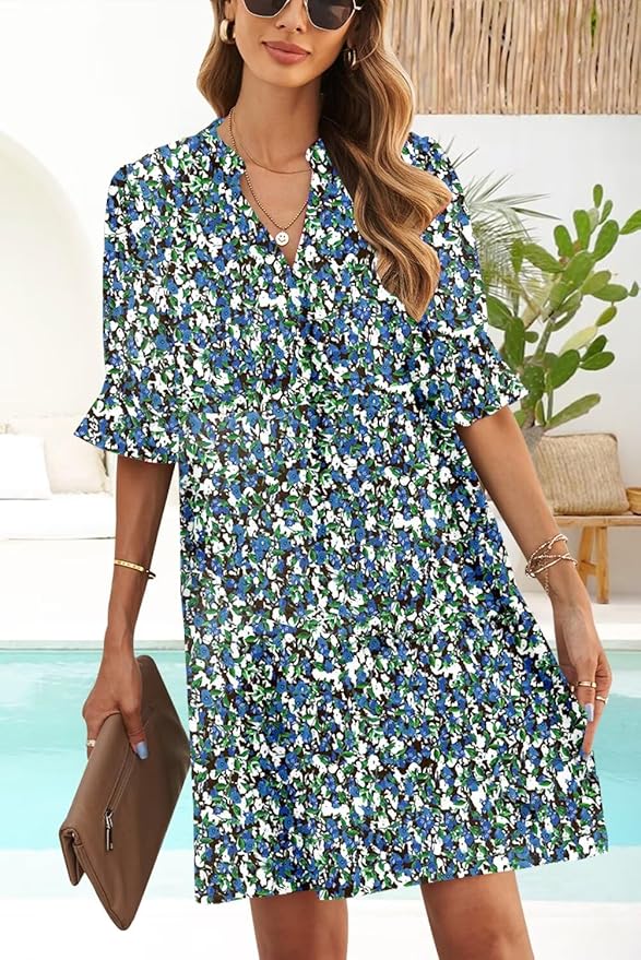 Wkior Shift Dress for Women V Neck Short Sleeves Solid Color Casual Flowy Summer Dresses(S-2XL)