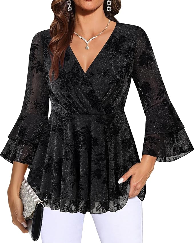 Lotusmile Women's Dressy Blouses Ruffle 3/4 Sleeve Peplum Sparkly Tops