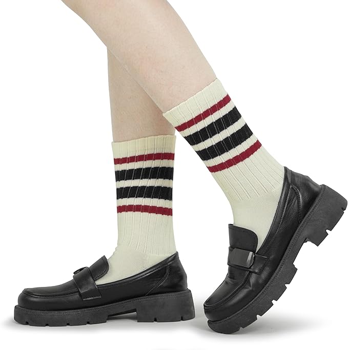 BomKinta Striped Crew Socks Women - Retro Novelty Socks - Stretchy Casual Athletic Cotton Sock Size 5-11