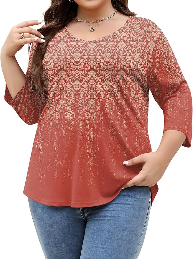 TFSDOD Womens Plus Size Tops V Neck T Shirts 3/4 Sleeve Blouse Summer Casual Tees XL-5X