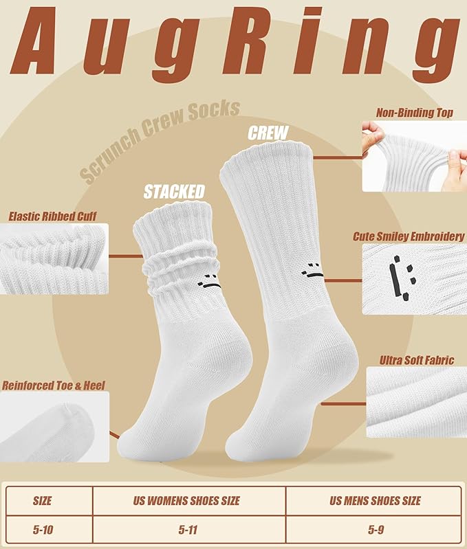 AugRing Women's Cute Scrunch Slouch Crew Socks 3Pack Retro Kawaii Chunky Ribbed Cotton Boot Sneaker Cozy Calf Socks Size 5–11