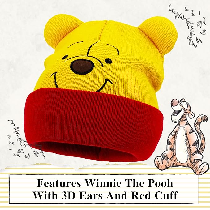 Disney Winnie The Pooh Beanie Hat, Winter Knit Cap with 3D Ears, Yellow