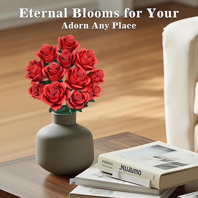Red Roses Flower Bouquet Building Sets, 670Pcs Artificial Flowers Building Blocks Compatible with Lego Flowers Valentines Day Gifts for Her/Mom/Girlfriend/Wife/Couple Romantic Table Home Decor