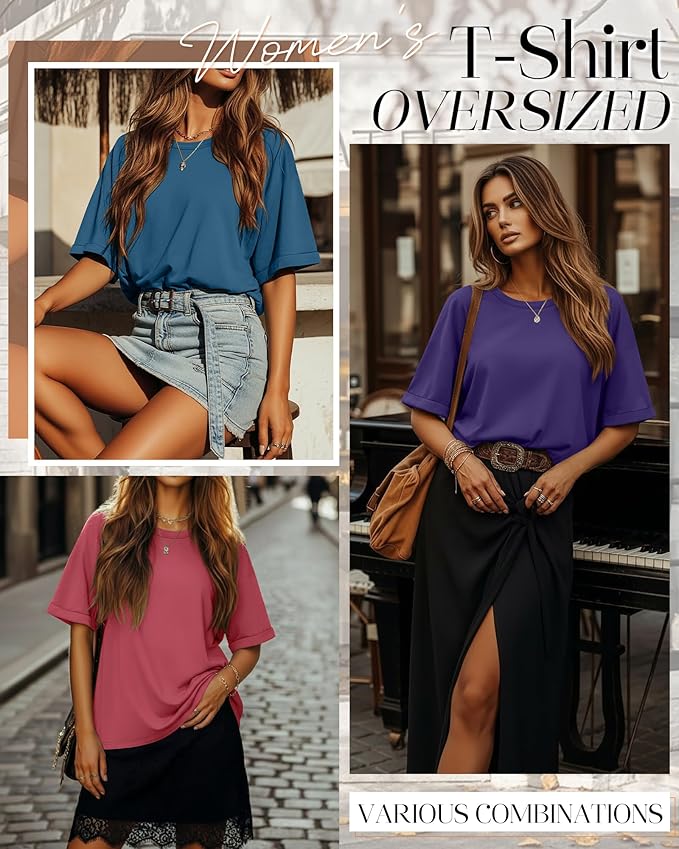 Riyiper 3 Pack Women's Oversized T-Shirt Half Sleeve Summer Tees Casual Loose Fit Crew Neck Basic Tops