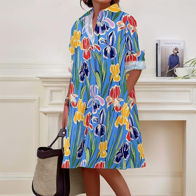 Shirt Dresses for Women 2025 Summer Long Sleeve Casual Plus Size Floral Printed Beach Vacation Dress with Pockets