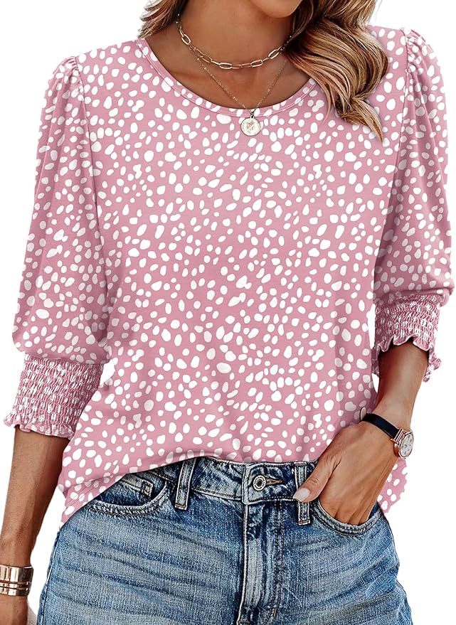 XIEERDUO Blouses for Women Dressy Casual 3/4 Length Sleeve Womens Tops with Smocked Cuffs