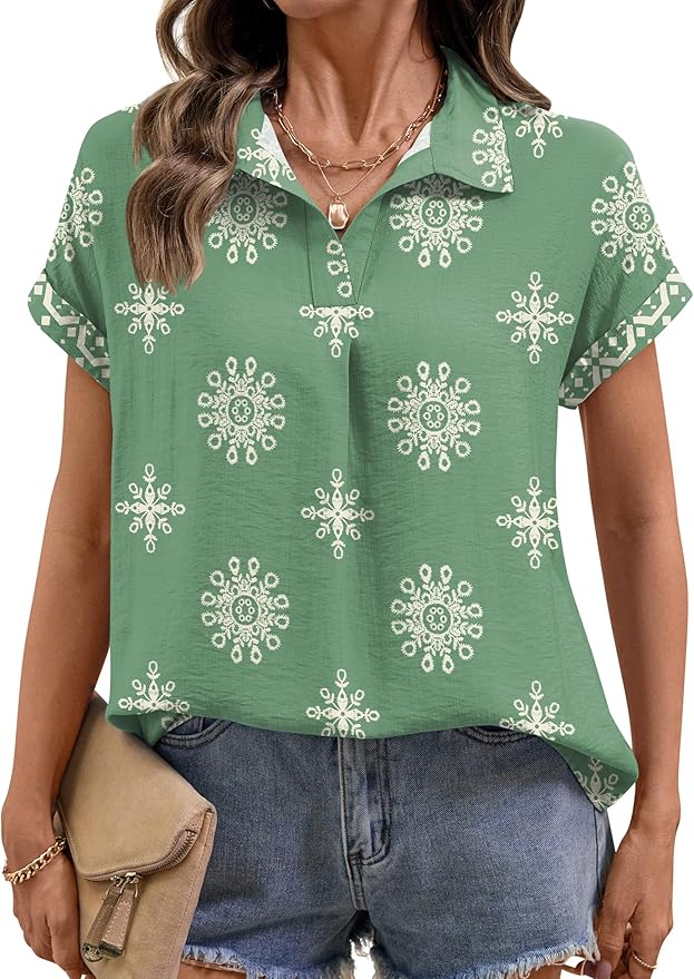 LOMON Women Blouses Spring Summer Tops for Women 2026 Short Sleeve V Neck Dressy Casual Collared Shirts Work Office