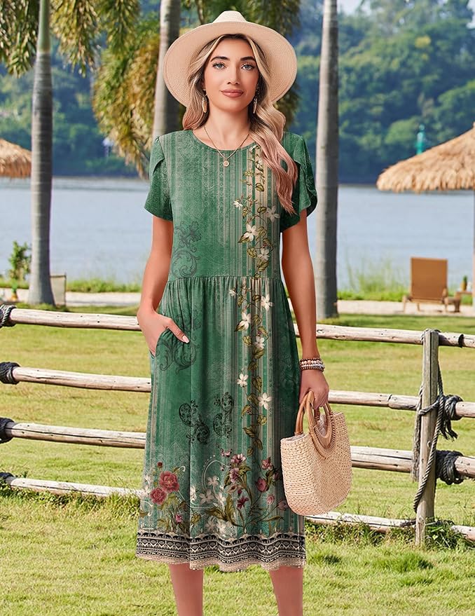 HOTOUCH Women's Summer A-Line Midi Dresses 2026 Casual Floral Short Sleeve T-Shirt Dress Flowy Beach Sundress with Pockets