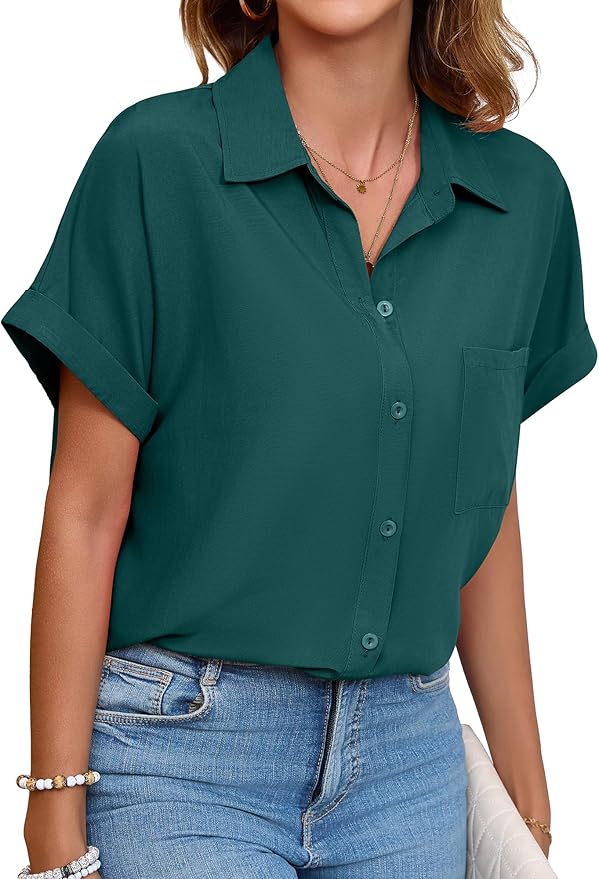 Womens Button Down Shirt Casual Short Sleeve Collared Work Blouse with Pocket