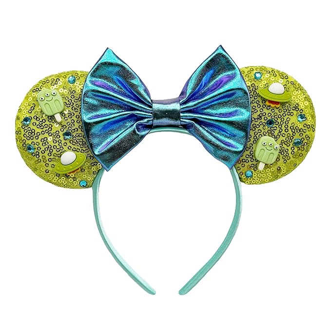 WW-WONDERFULWORLD Alien Theme Mouse Ears Headband - Green Sequin Ears with Sparkling Purple Bow & Blue Rhinestones, Kawaii Cosmic Hair Accessory for Theme Park, Cosplay, Rave Festival