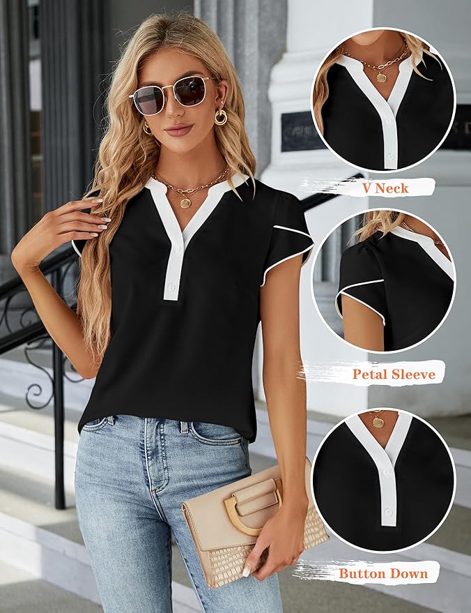 Blooming Jelly Women's Dressy Casual Tops Business Work Blouses White Button Down Shirts Cap Sleeve V Neck Tshirt