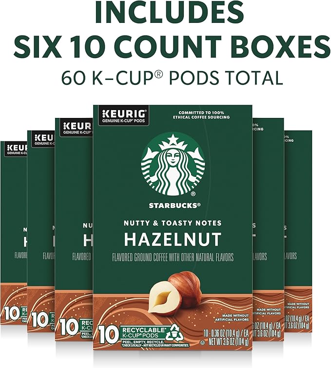 Starbucks K-Cup Coffee Pods, Flavored Hot or Iced Coffee, Hazelnut, 60 Keurig Pods