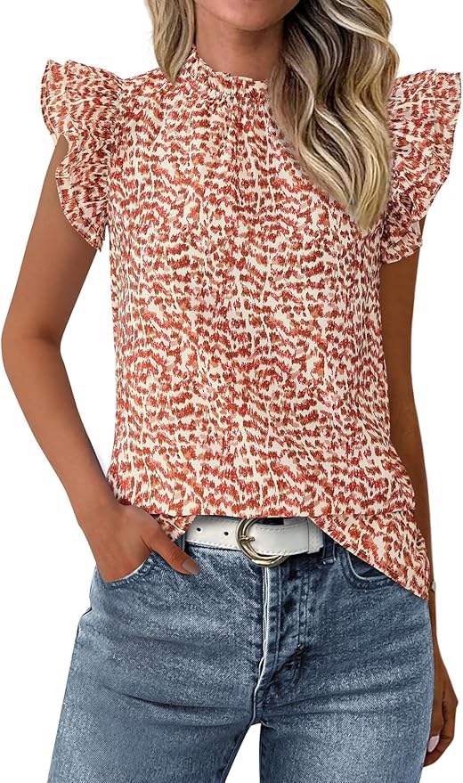 PRETTYGARDEN Women's Ruffle Short Sleeve Summer Tops 2026 Trendy Floral Trim Neck Casual Dressy Chiffon Boho Blouses Shirts