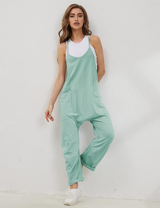 Lentta Women's Causal Jumpsuits V Neck Sleeveless Harem Overalls Stretchy Adjustable Strap Romper with Pockets