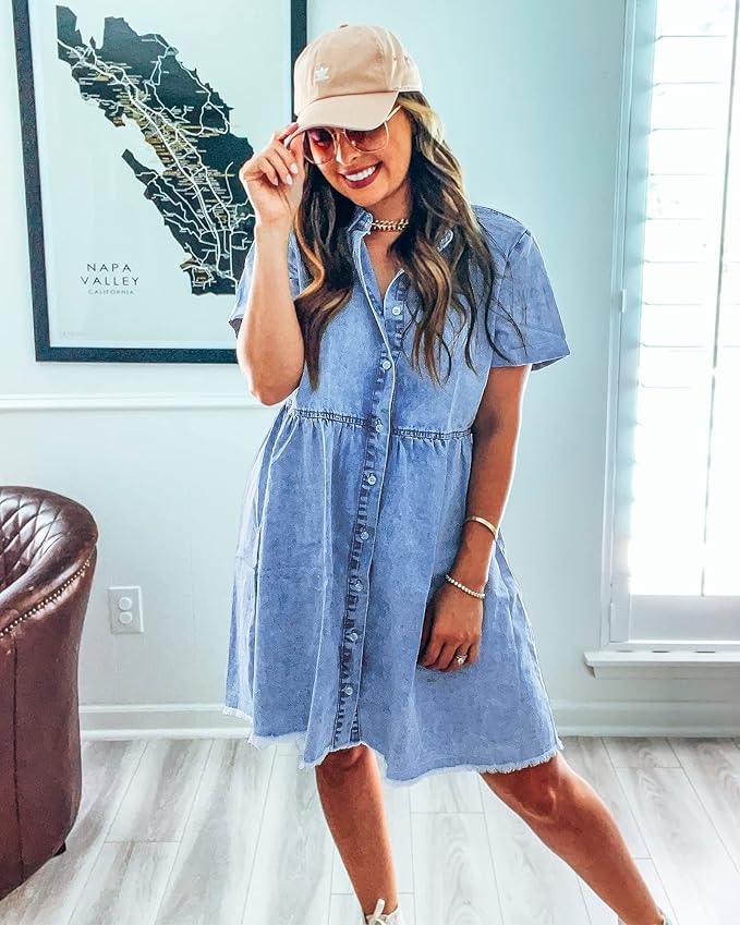 LookbookStore Women's Short Sleeve Button Down Flowy Tiered Babydoll Denim Dress
