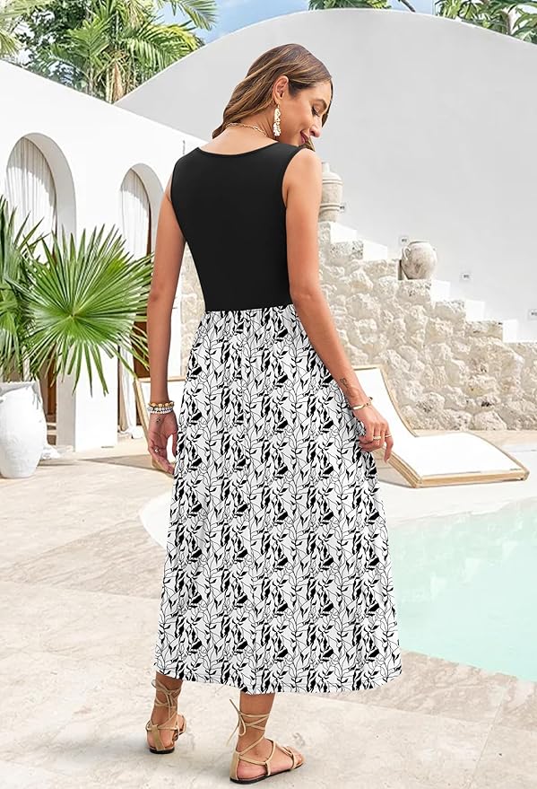 WNEEDU Women's Summer Maxi Dress 2026 Casual Sleeveless Hawaiian Sundress Tropical Long Dress Beach Vacation Outfit