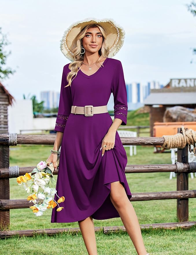 Zeagoo Women's Dresses 3/4 Sleeve Summer Casual V-Neck A Line Flowy Eyelet Midi Dress for Women Beach Vacation Sundress