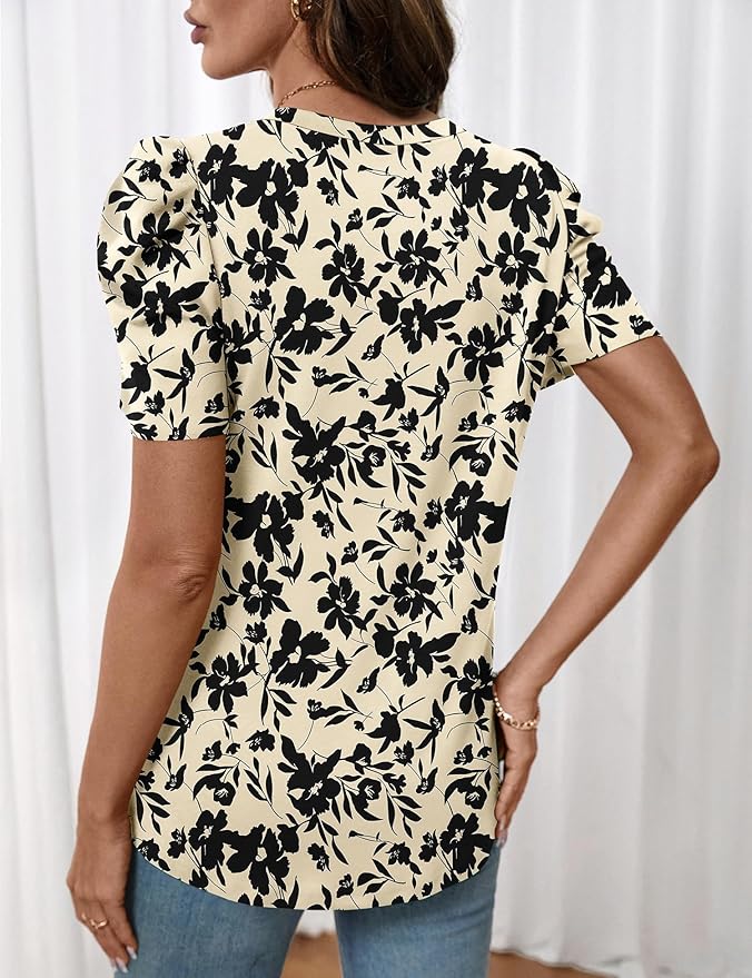 Lomon Spring Summer Tops for Women 2026 V Neck Puff Short Sleeve Tops Fashion Trendy Work Blouses Dressy Casual S-XXL