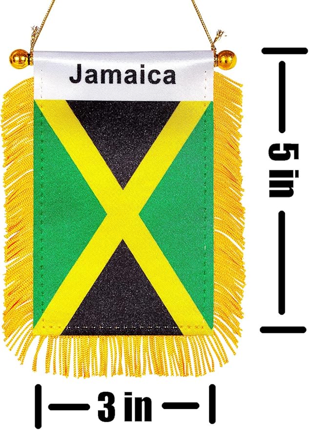 ZXvZYT 3 X 5 Inch Jamaica Window Hanging Flag Jamaican Small Mini Car Flags Banners Rearview Mirror Decoration - with Suction Cup & Golden Fringy Banner(2 Pack)