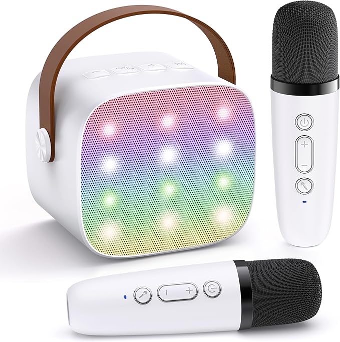 YLL Mini Karaoke Machine for Kids Adults, Portable Bluetooth Speaker with 2 Wireless Microphones,Toys Birthday Gifts for Girls 3, 4, 5, 6, 7, 8, 9, 10, 11, 12+ Years Old Toddler Teens(White)