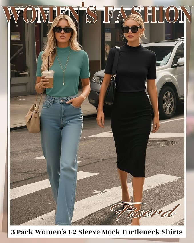 Ficerd 3 Pack Women's 1/2 Sleeve Mock Turtleneck Shirts, Elbow Length Shirt Half Sleeve Tunic Top Casual Summer Basic Tees