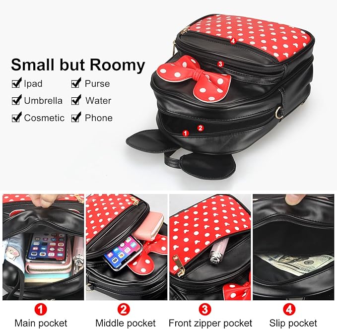 Dksyee Cute Red Backpack for Girl Bowknot Polka Dot Mini Mouse Leather Backpacks for Toddler Little Girl Backpack Kids Small Travel Backpacks Convertible Shoulder Bag Purse for Children Daypack