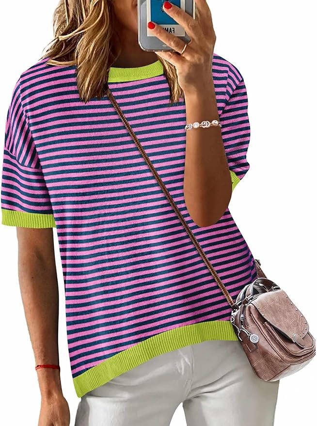 Zeagoo Womens Summer Short Sleeve Tops Crew Neck Lightweight Pullover Sweaters Loose Dressy Casual Blouse Basic Clothes