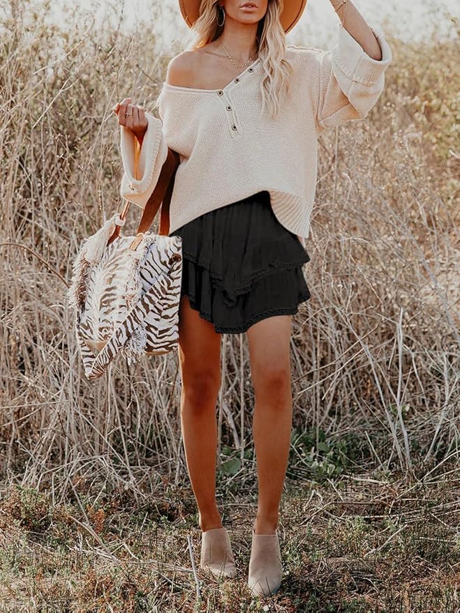Aoudery Flowy Shorts for Women Casual Boho Ruffle Tiered Skorts High Waist Mini Skirts Golf Tennis Crochet Shorts