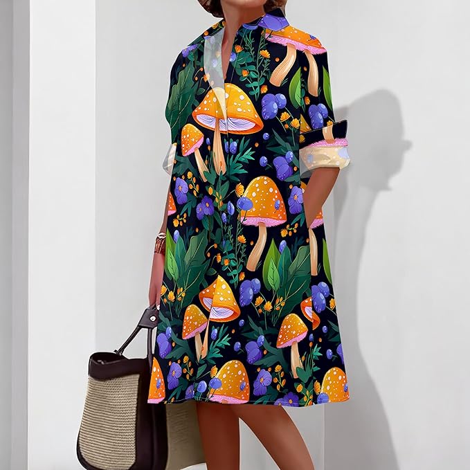 Shirt Dresses for Women 2025 Summer Long Sleeve Casual Plus Size Floral Printed Beach Vacation Dress with Pockets