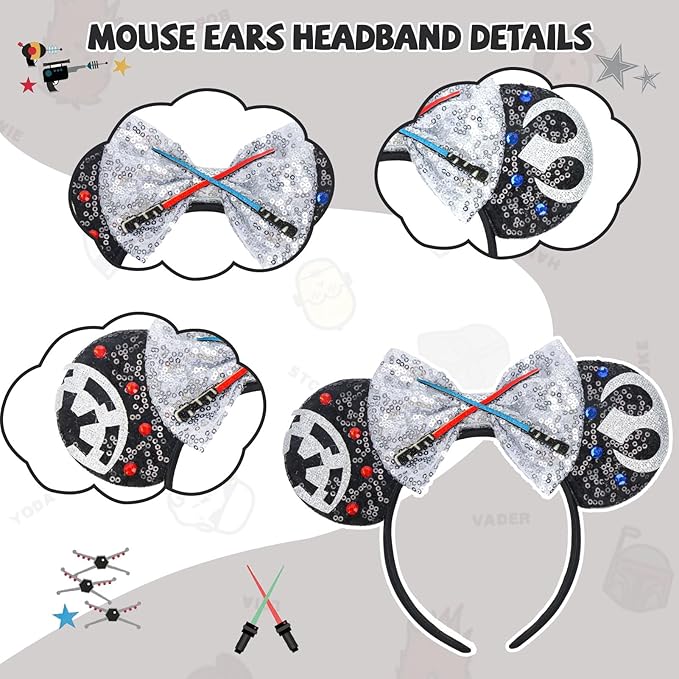 ETLUK Mouse Ears Headband, Sequin Star Ears Headband for Adult Women Girls, Sparkling Bow & Lightsaber Design for Cosplay Accessories Party Decorations