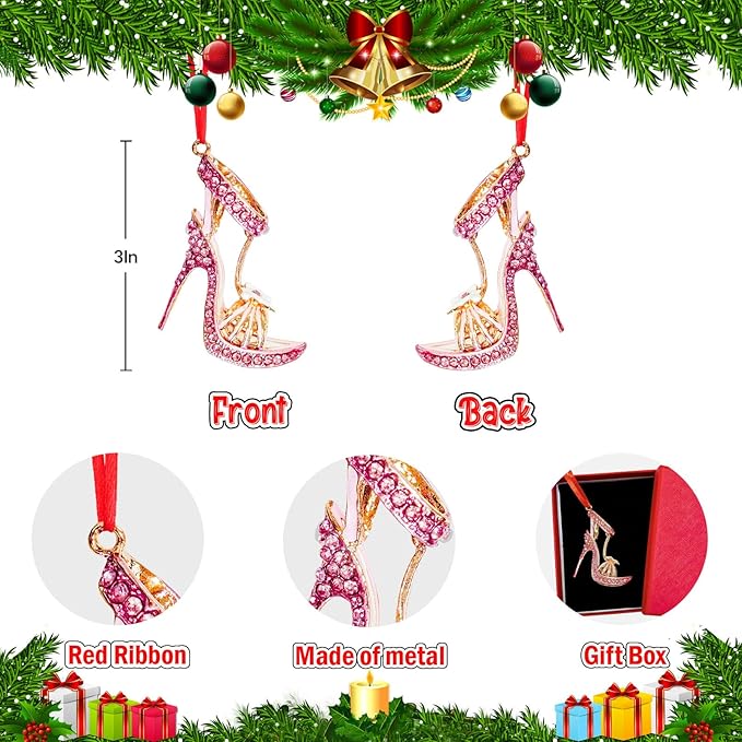 Ushinemi Shoe Christmas Ornaments, High Heel Shoe with White Flower Ornament Xmax Tree Decor, Sparkles Hanging Keepsake Gifts for Mom Grandma Women Girls Sisters
