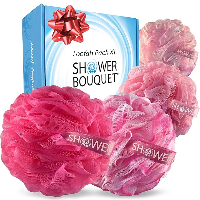 SHOWER BOUQUET Pink-Loofah Bath-Sponge XL 4-Pack // Extra Large 75g Soft Mesh Net Pink Loofa Loufa Luffa Lufa Puff Set/Exfoliating Body Scrubber for Women and Men - Exfoliate & Soothe Face & Body