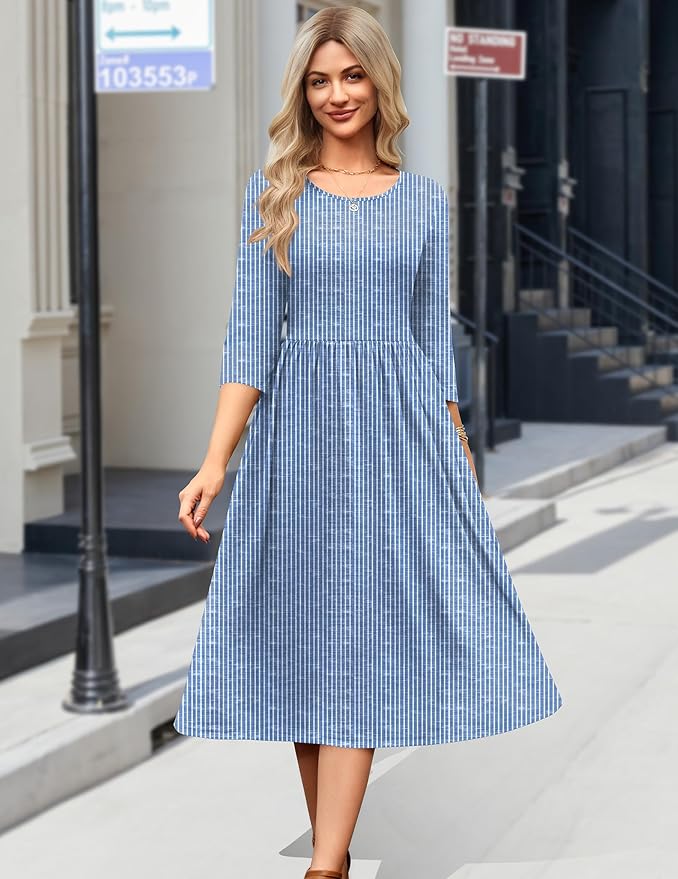 Zeagoo 3/4 Sleeve Women's Dress Casual Flowy A-Line Midi Tshirt Dresses with Pockets Crewneck Vocation Boho Beach Sundress