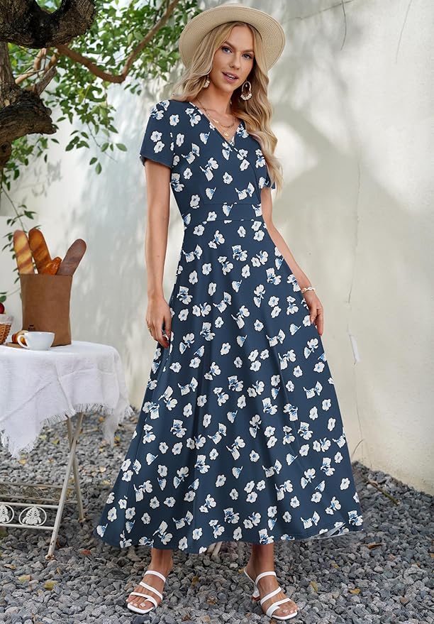 AUSELILY Maxi Dresses for Women Ankle Length Floral Print Beach Long Flowy Dress with Pockets