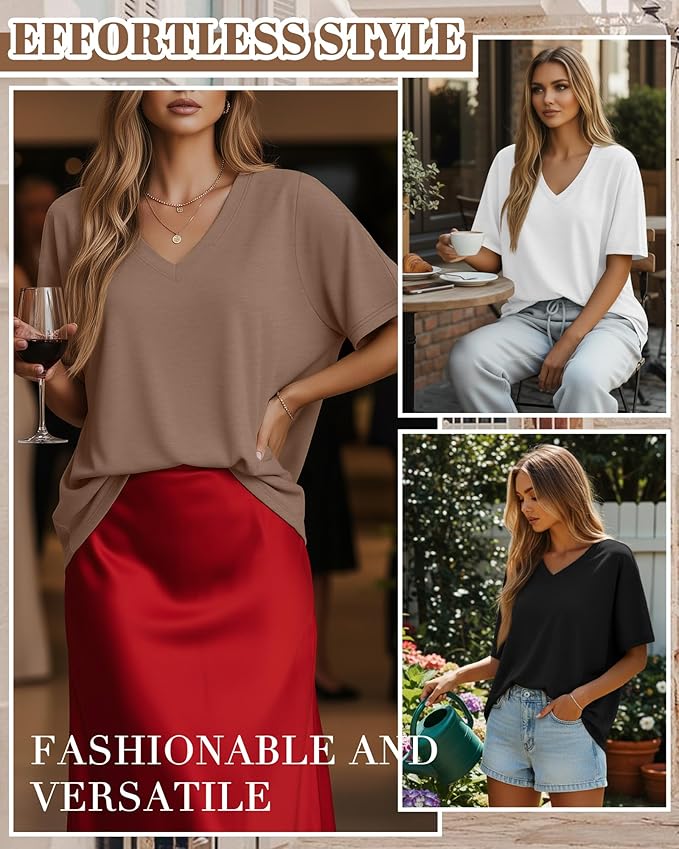 Huukeay Women's Cotton Oversized T Shirts 3 Pack V Neck Loose Fit Half Sleeve Tops Baggy Casual Summer Gym Workout Tees 2026