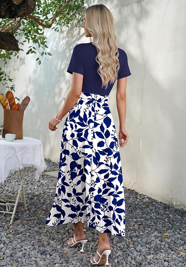 AUSELILY Maxi Dresses for Women Ankle Length Floral Print Beach Long Flowy Dress with Pockets
