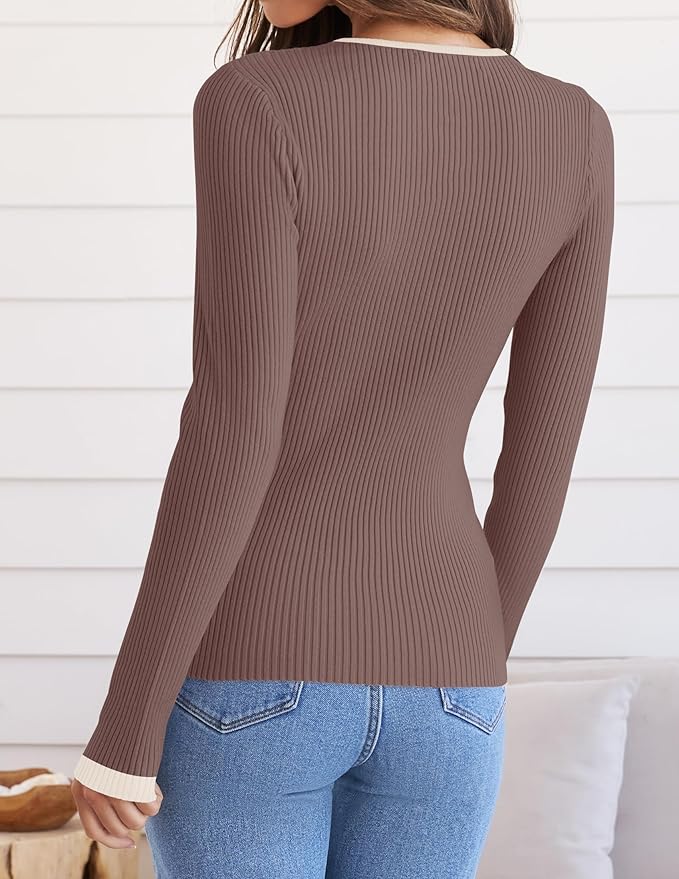 ZESICA Women's Long Sleeve Crewneck Shirts 2026 Fall Ribbed Knit Sweater Slim Fitted Casual Basic Tee Tops