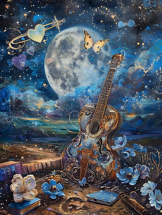 Naturelish Guitar Moon Night Jigsaw Puzzles for Adults 1000 Pieces, Murder Mystery, Unique Brain Challenging Shaped Puzzle for Game Night, Family, Friends, Size 26.6x19.2