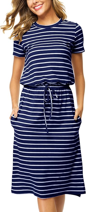 Simier Fariry Womens Spring Hide Belly Knee Length Travel Dress Pocket Summer Short Sleeve Midi Work Casual Outfits