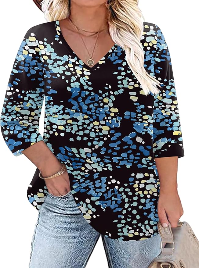 TFSDOD Womens Plus Size Tops V Neck T Shirts 3/4 Sleeve Blouse Summer Casual Tees XL-5X