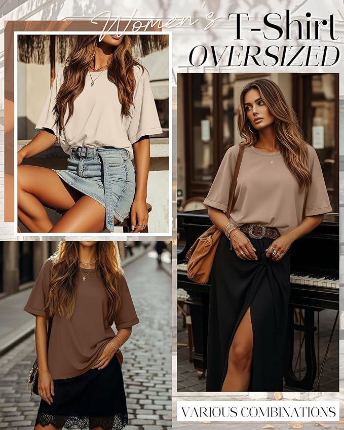 Riyiper 3 Pack Women's Oversized T-Shirt Half Sleeve Summer Tees Casual Loose Fit Crew Neck Basic Tops