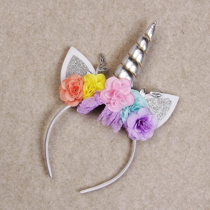 Nishine Unicorn Horn Floral Headband Glitter Ears Pony Head Bands Tiara for Girls Party Birthday Cosplay