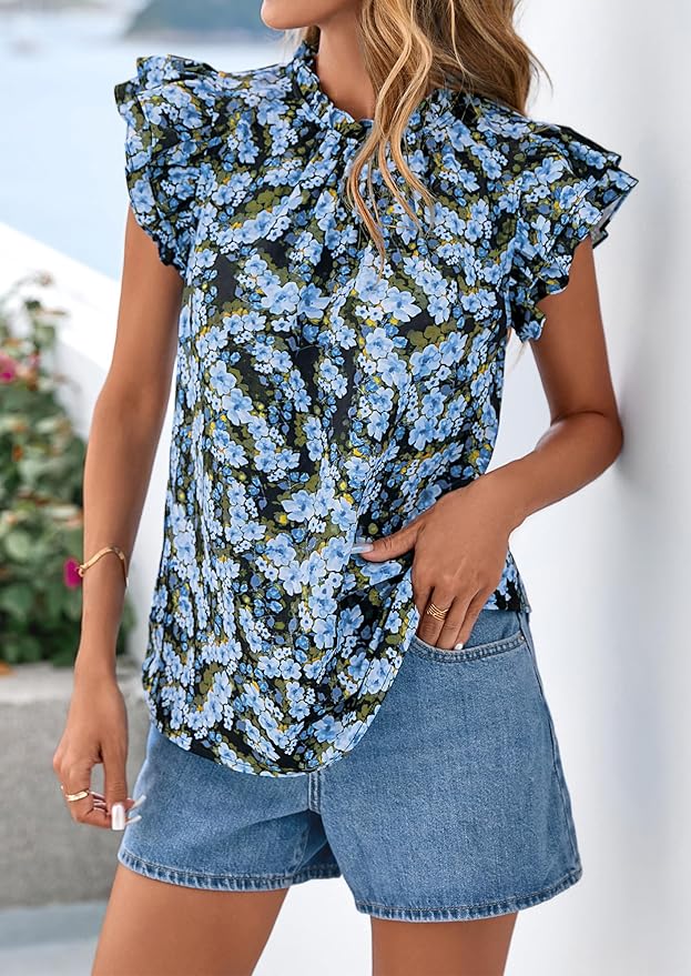 PRETTYGARDEN Women's Ruffle Short Sleeve Summer Tops 2026 Trendy Floral Trim Neck Casual Dressy Chiffon Boho Blouses Shirts