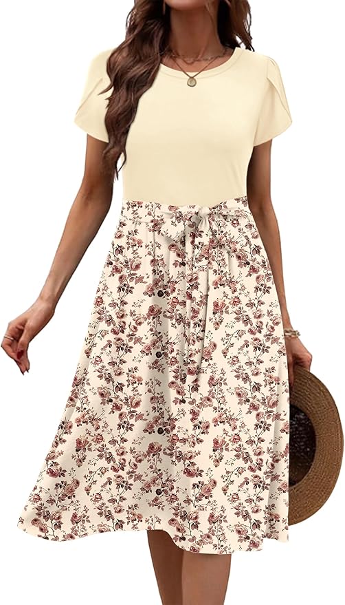 Zeagoo Womens Midi Dress Summer Short Sleeve Dress with Pockets 2025 Casual Floral T-Shirt Dress Flowy Beach Sundress