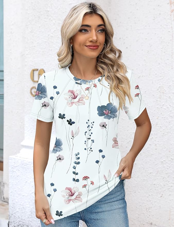 Kistore Womens Casual Crew Neck Short Sleeve Pleated Tops Blouses Fashion Clothes 2026