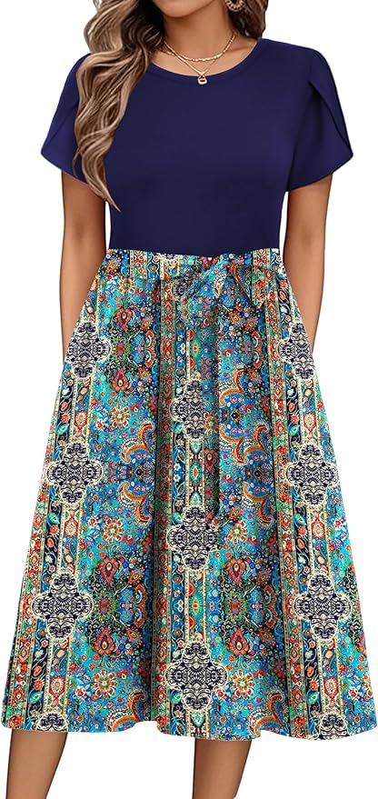 Zeagoo Womens Midi Dress Summer Short Sleeve Dress with Pockets 2025 Casual Floral T-Shirt Dress Flowy Beach Sundress