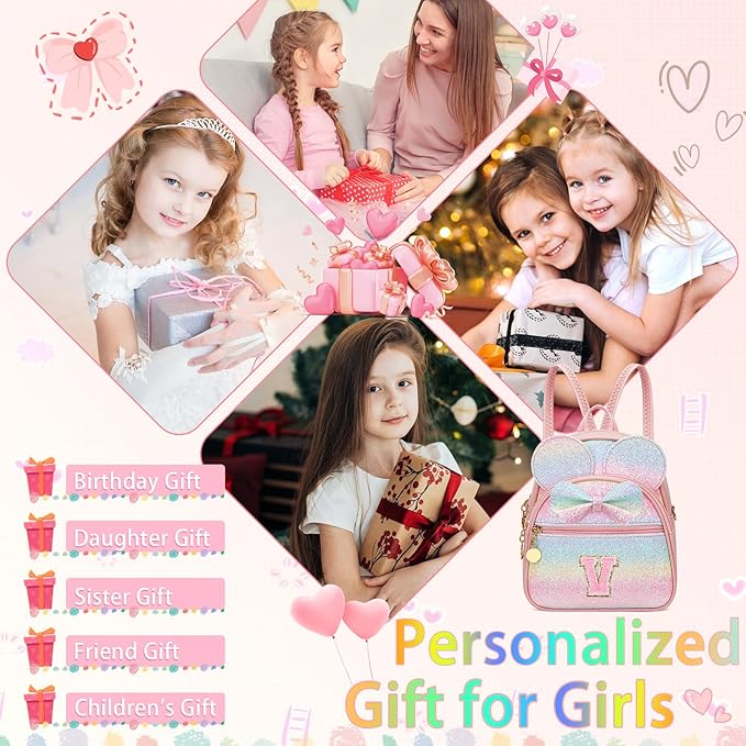KKXIU Initial Bowknot Mini Backpacks for Girls Women, Small Cute Backpack Purse, Personalized Valentines Day Gifts for Toddler, Kids and Teen Girls(V, Rainbow)