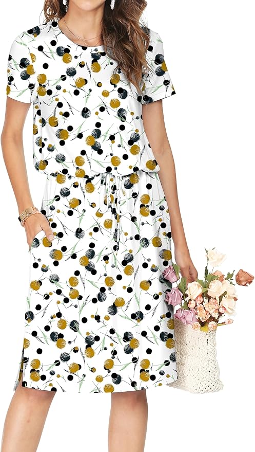 Simier Fariry Womens Spring Hide Belly Knee Length Travel Dress Pocket Summer Short Sleeve Midi Work Casual Outfits