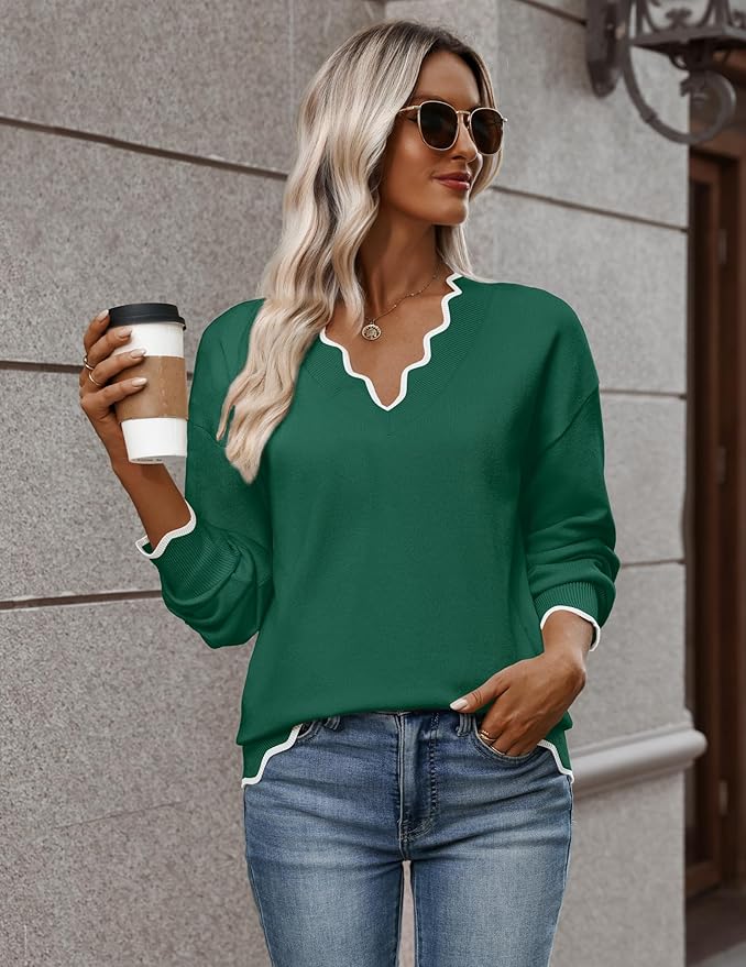 Zeagoo Women's 2026 Fall V Neck Sweater Casual Long Sleeve Lightweight Ribbed Knit Pullover Sweaters Dressy Casual Tops