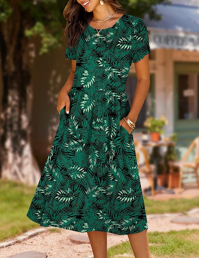 HOTOUCH Women's Summer A-Line Midi Dresses 2026 Casual Floral Short Sleeve T-Shirt Dress Flowy Beach Sundress with Pockets